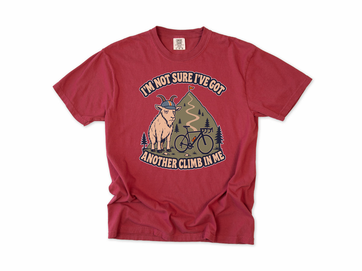 Funny cycling T-shirt in Chili, a goat in a helmet with a bike, 'I'm not sure I've got another climb in me', for climbers