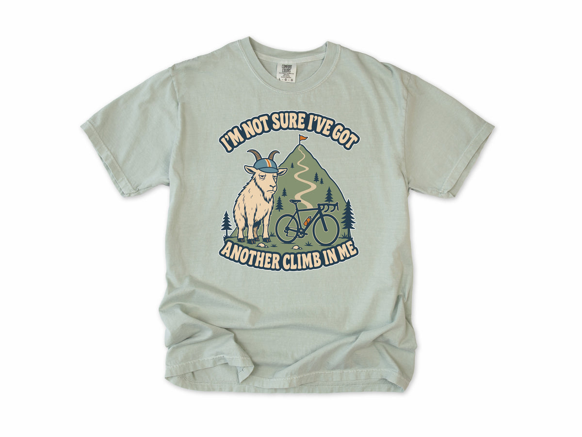 Funny cycling T-shirt in Bay, a goat in a helmet with a bike, 'I'm not sure I've got another climb in me', for climbers