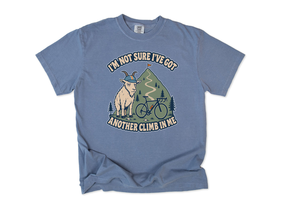 Funny cycling T-shirt in Blue Jean, a goat in a helmet with a bike, 'I'm not sure I've got another climb in me', for climbers