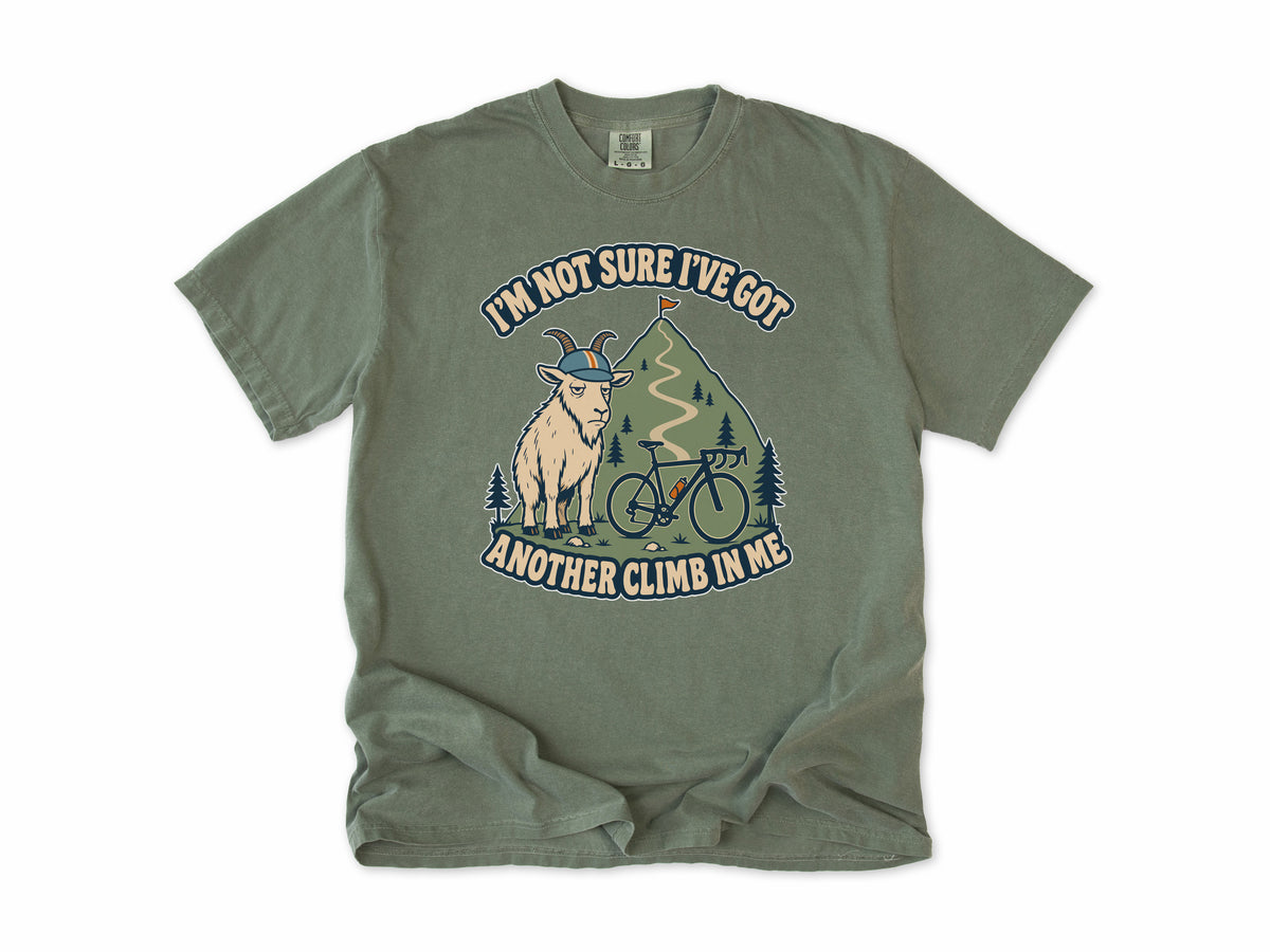 Funny cycling T-shirt in Moss, a goat in a helmet with a bike, 'I'm not sure I've got another climb in me', for climbers