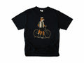 Cycling T-shirt in Black, a fox in a vest and cap standing beside a gravel bike, for gravel riders