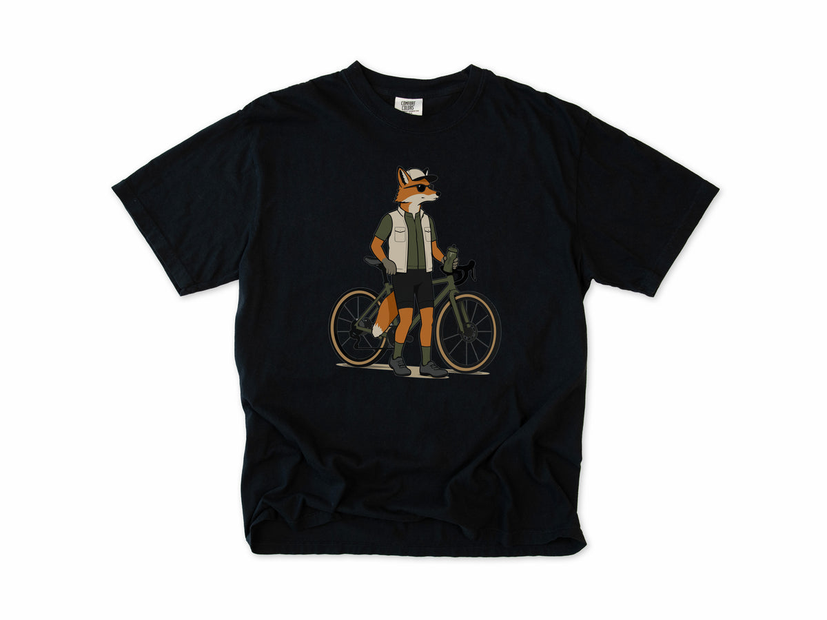 Cycling T-shirt in Black, a fox in a vest and cap standing beside a gravel bike, for gravel riders