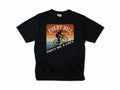 Funny cycling T-shirt in Black, 'Every Hill Owes Me a Cafe', a cyclist on retro stripes, for riders who ride for coffee