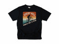 Funny cycling T-shirt in Black, 'Every Hill Owes Me a Pub', a cyclist on retro stripes, for riders who ride for the pub