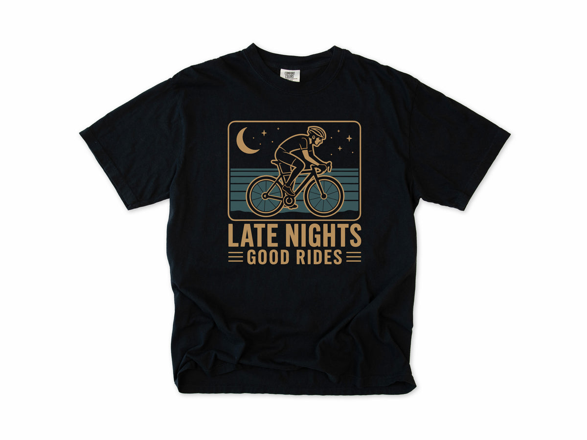 Cycling T-shirt in Black, 'Late Nights Good Rides' with a cyclist under a moon, for night riders