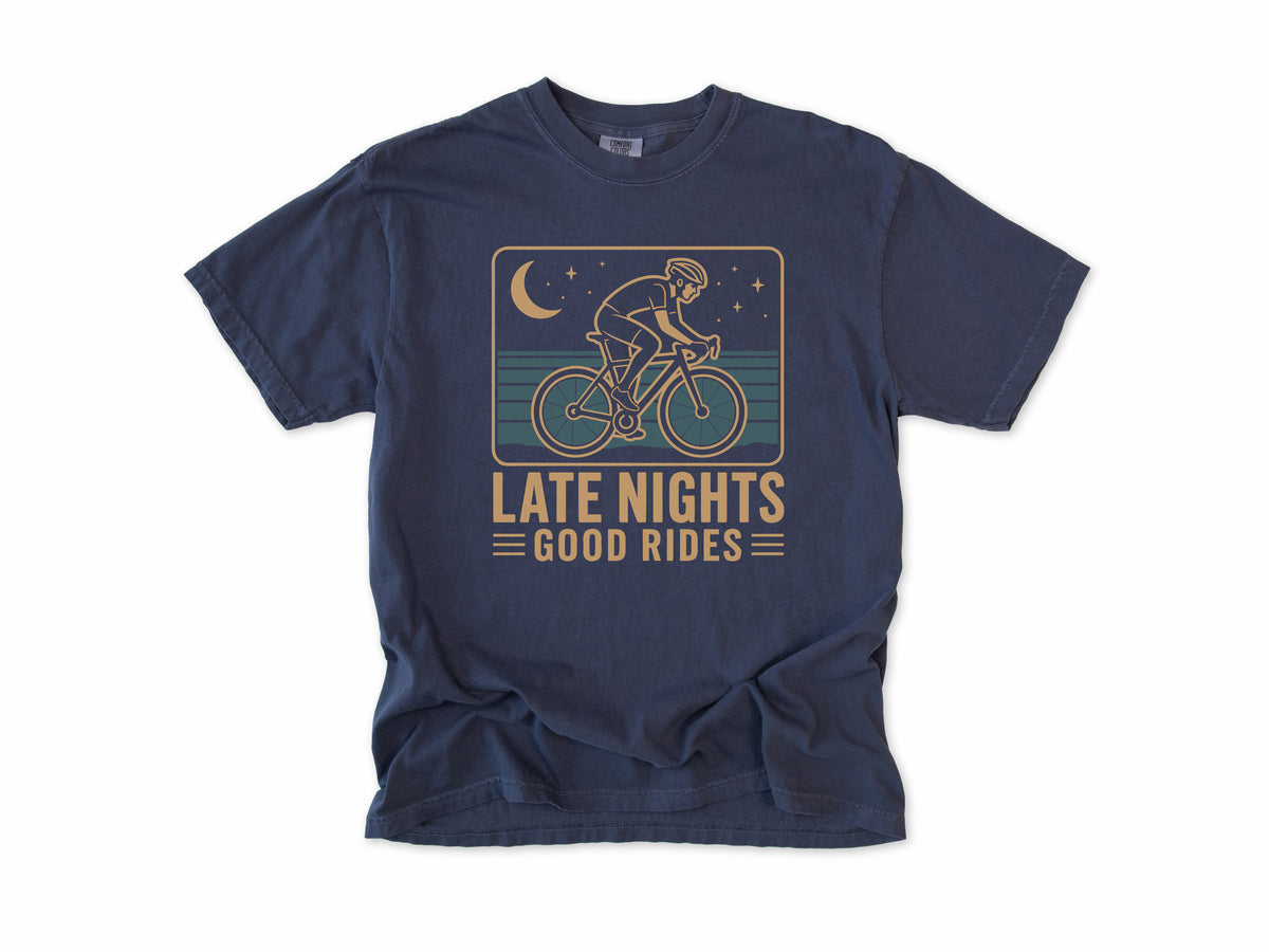 Cycling T-shirt in Navy, 'Late Nights Good Rides' with a cyclist under a moon, for night riders