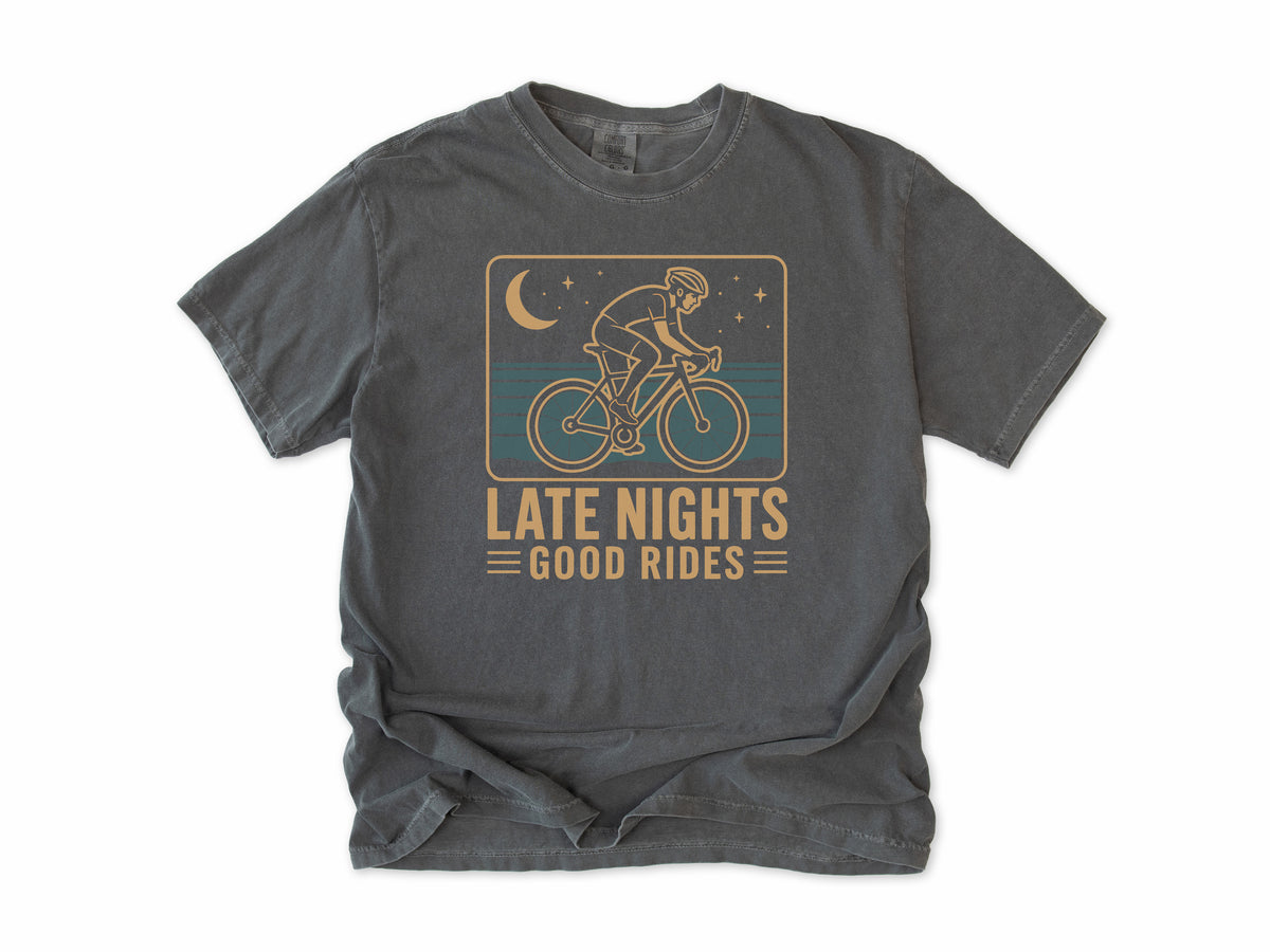 Cycling T-shirt in Pepper, 'Late Nights Good Rides' with a cyclist under a moon, for night riders
