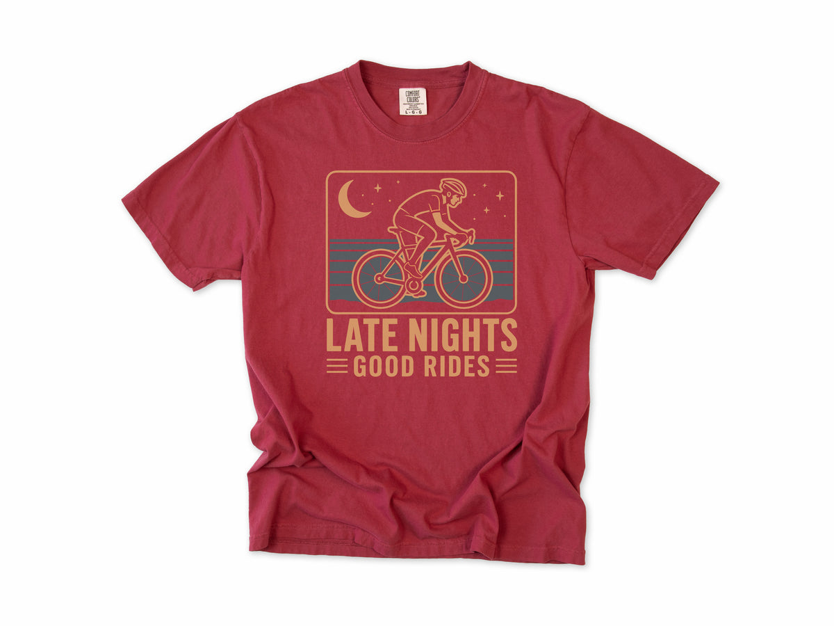 Cycling T-shirt in Chili, 'Late Nights Good Rides' with a cyclist under a moon, for night riders