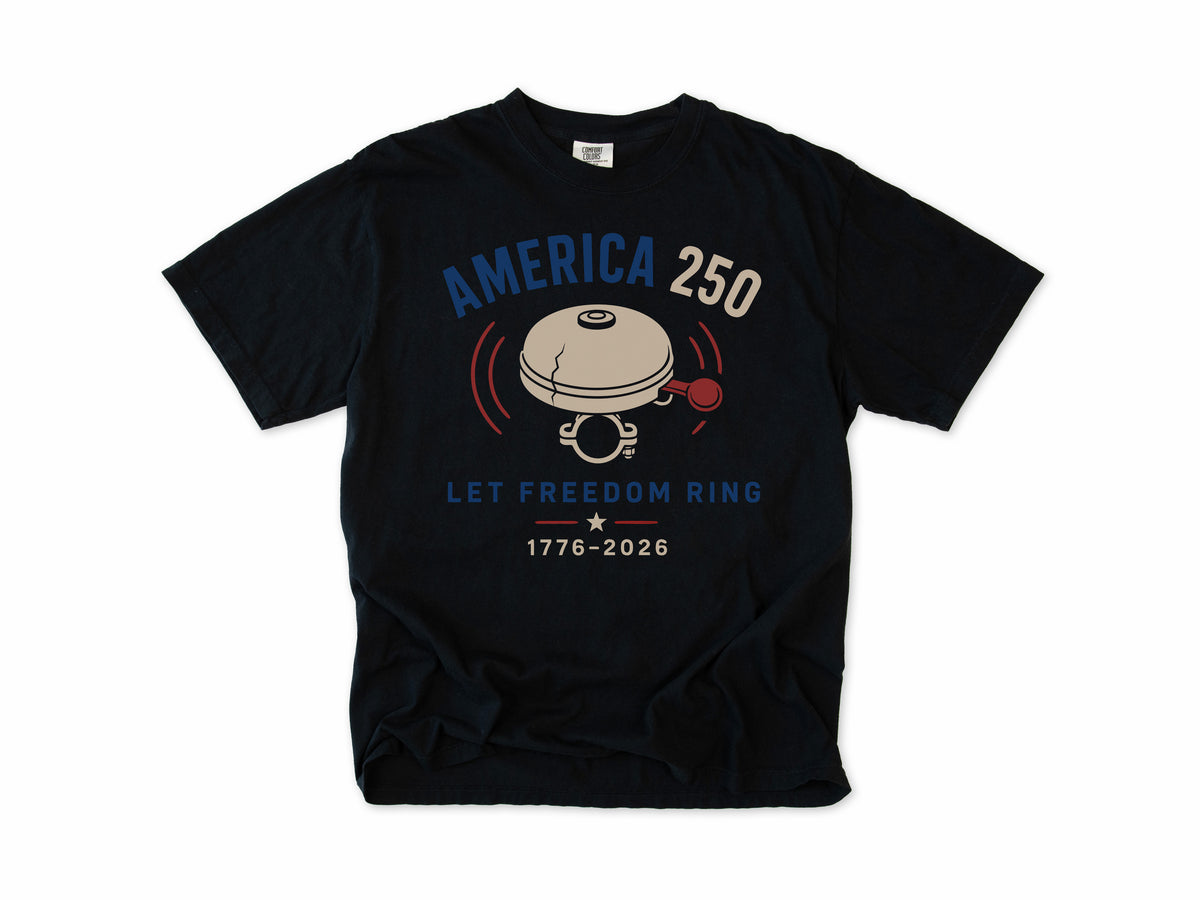 Cycling T-shirt in Black, a bike bell with 'Let Freedom Ring', America 250 and 4th of July gift for cyclists