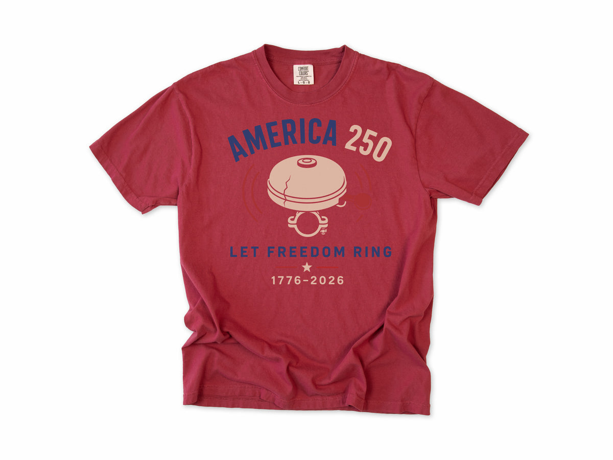 Cycling T-shirt in Chili, a bike bell with 'Let Freedom Ring', America 250 and 4th of July gift for cyclists