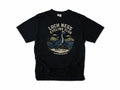 Cycling T-shirt in Black, 'Loch Ness Cycling Club', a monster riding a bike by a loch, for cycling club members