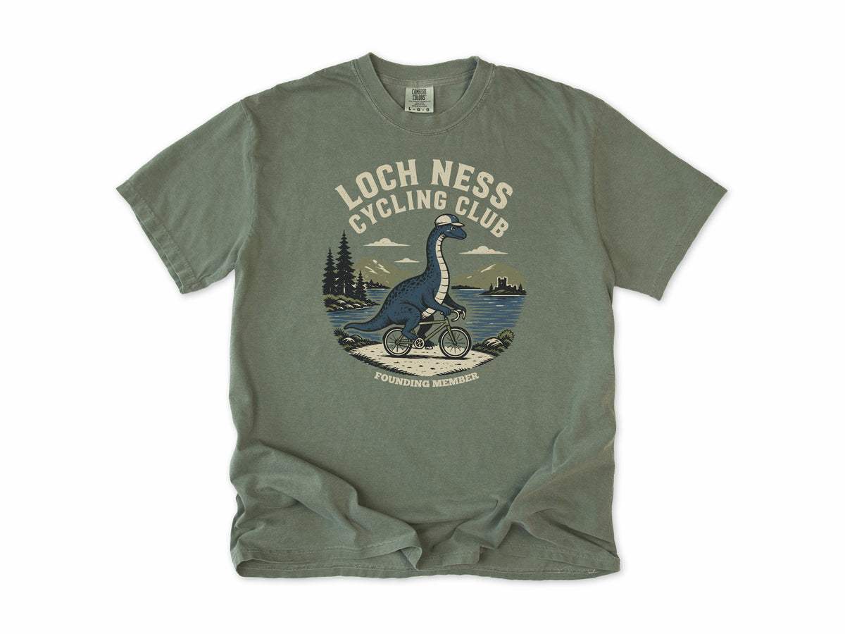 Cycling T-shirt in Moss, 'Loch Ness Cycling Club', a monster riding a bike by a loch, for cycling club members