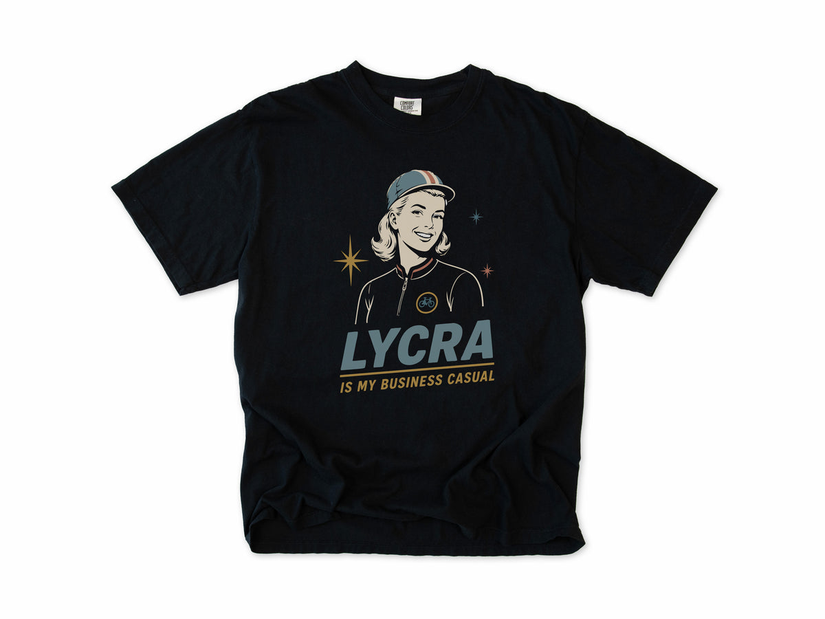 Funny cycling T-shirt in Black, 'Lycra Is My Business Casual', a retro woman cyclist in a cap, gift for a woman who cycles: mum, wife, sister, daughter, nan