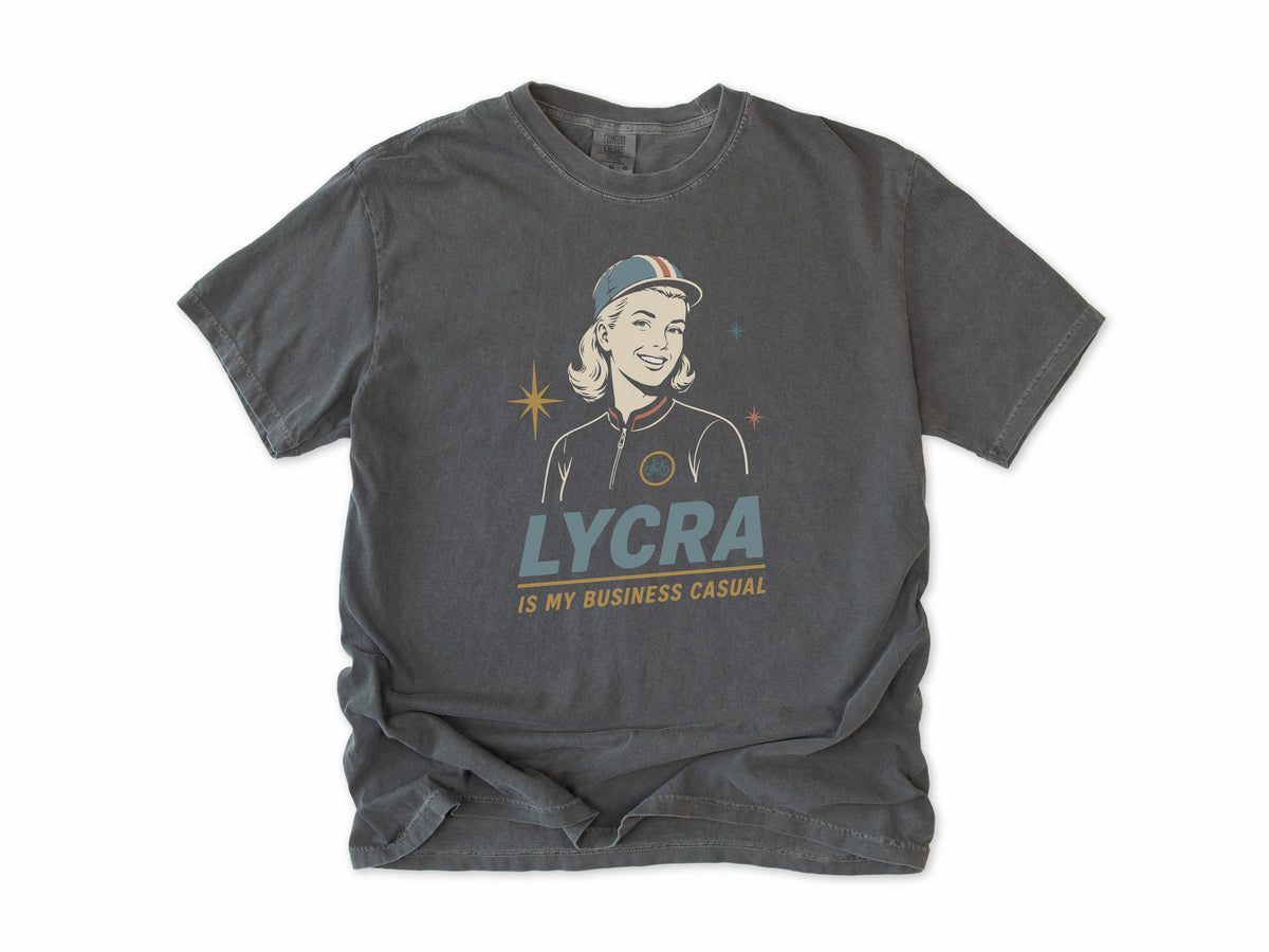 Funny cycling T-shirt in Pepper, 'Lycra Is My Business Casual', a retro woman cyclist in a cap, gift for a woman who cycles: mum, wife, sister, daughter, nan