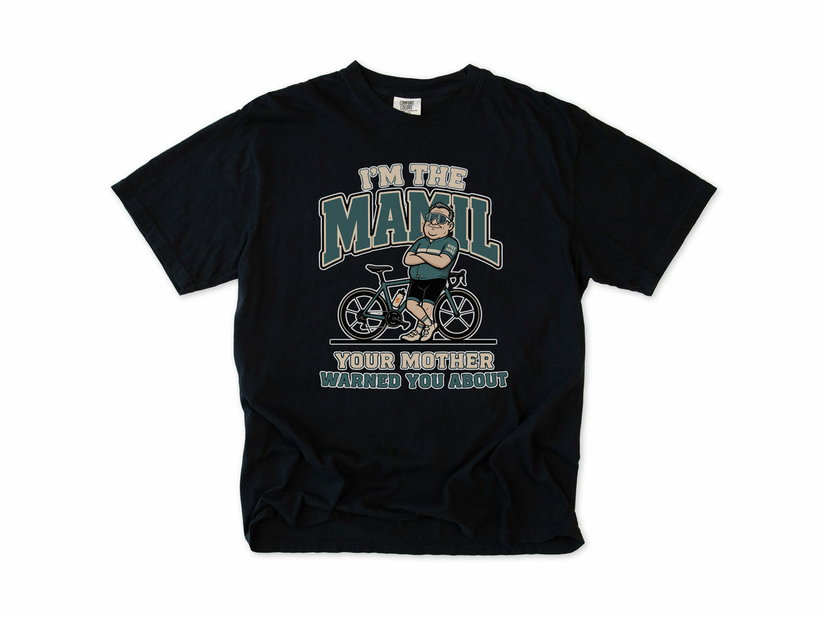 Funny cycling T-shirt in Black, 'I'm the MAMIL Your Mother Warned You About', a cyclist, middle-aged man in Lycra, gift for dad, grandad, brother or son