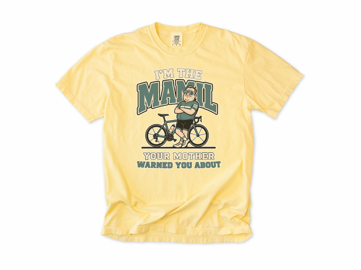 Funny cycling T-shirt in Butter, 'I'm the MAMIL Your Mother Warned You About', a cyclist, middle-aged man in Lycra, gift for dad, grandad, brother or son