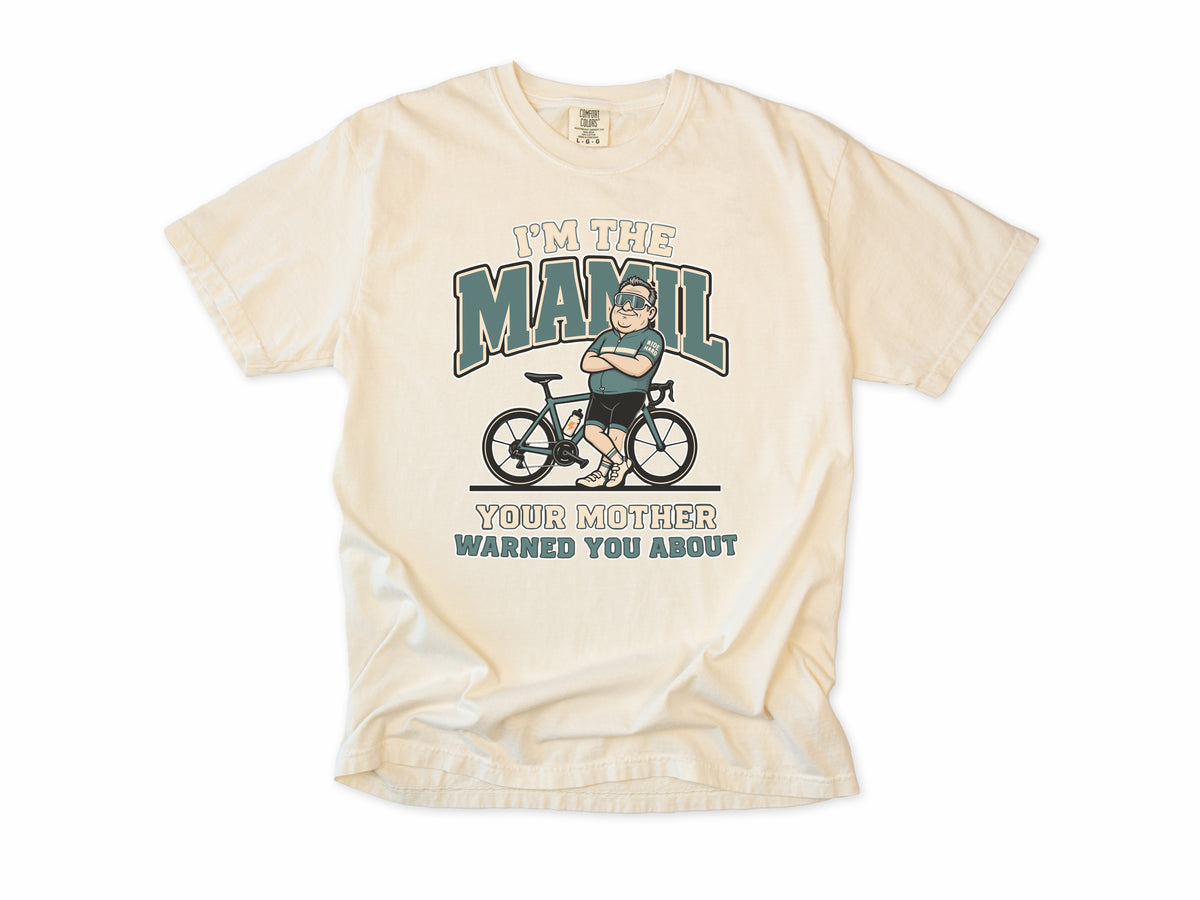 Funny cycling T-shirt in Ivory, 'I'm the MAMIL Your Mother Warned You About', a cyclist, middle-aged man in Lycra, gift for dad, grandad, brother or son