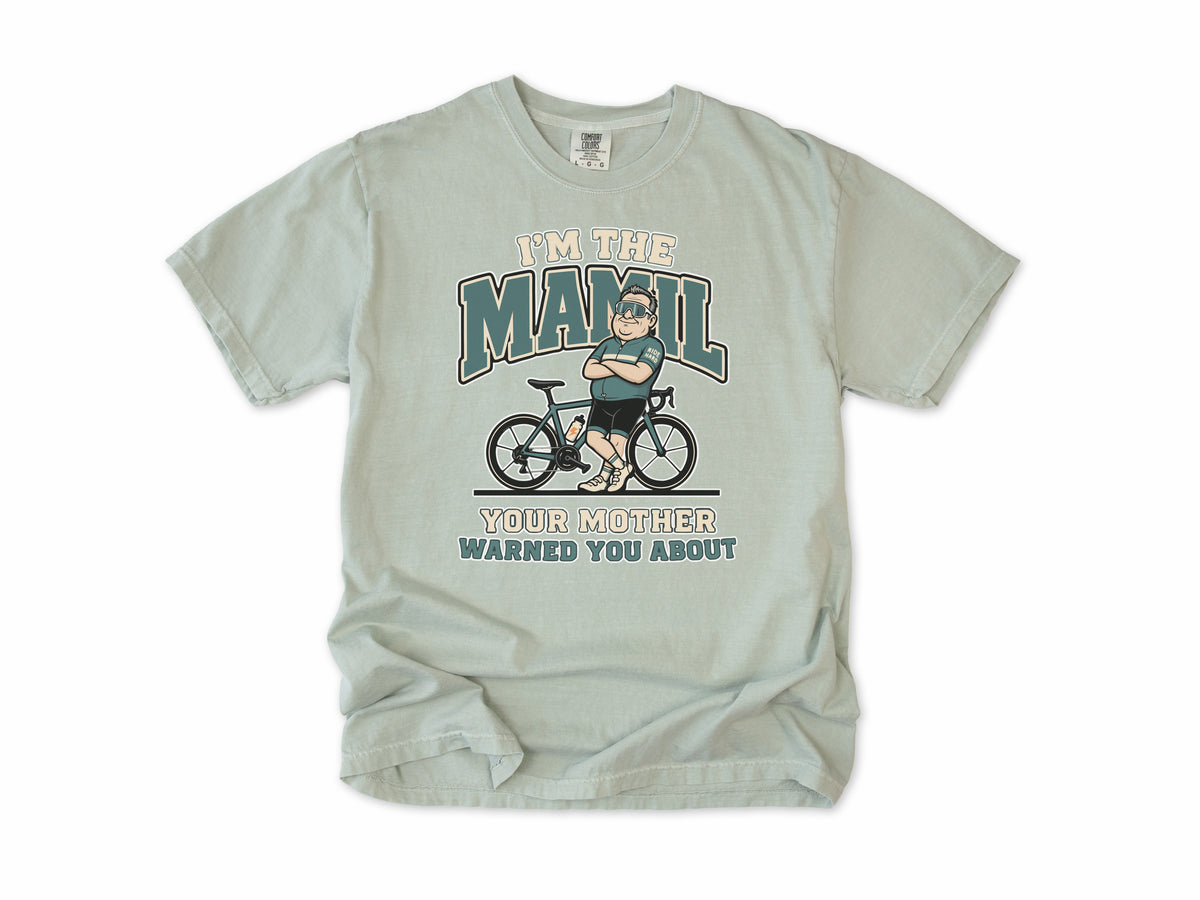 Funny cycling T-shirt in Bay, 'I'm the MAMIL Your Mother Warned You About', a cyclist, middle-aged man in Lycra, gift for dad, grandad, brother or son