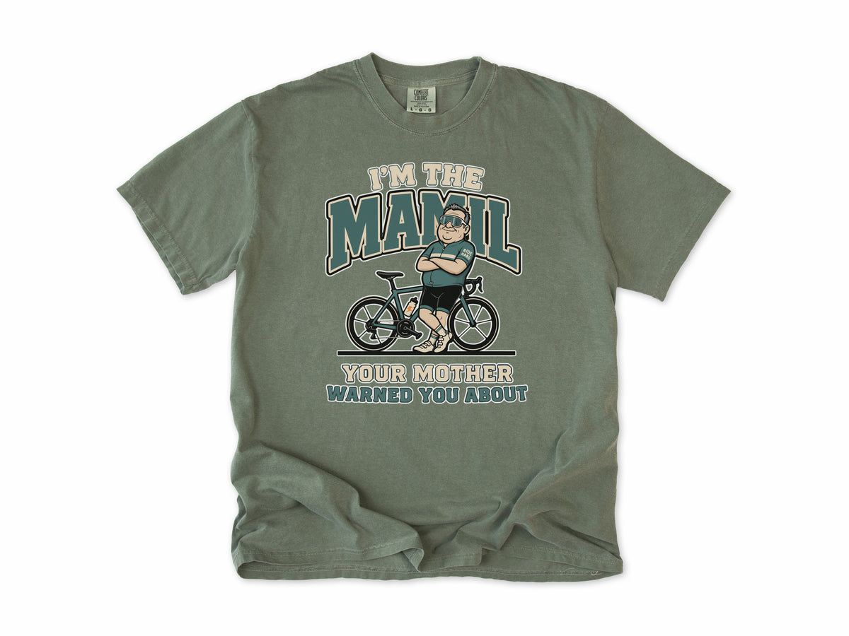 Funny cycling T-shirt in Moss, 'I'm the MAMIL Your Mother Warned You About', a cyclist, middle-aged man in Lycra, gift for dad, grandad, brother or son