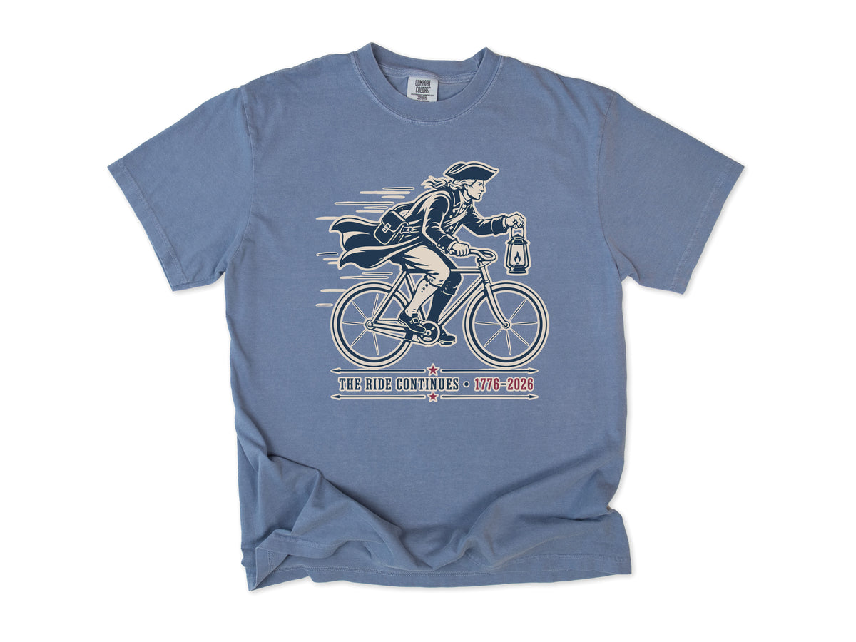 Cycling T-shirt in Blue Jean, Midnight Ride: a colonial rider with a lantern on a bike, America 250 and 4th of July gift for cyclists