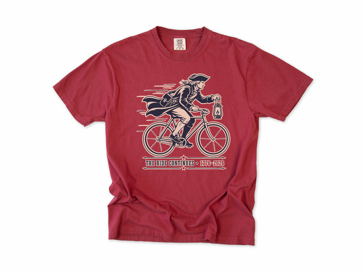 Cycling T-shirt in Chili, Midnight Ride: a colonial rider with a lantern on a bike, America 250 and 4th of July gift for cyclists