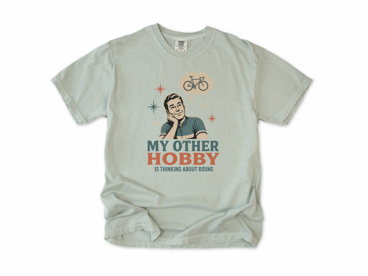 Funny cycling T-shirt in Bay, 'My Other Hobby Is Thinking About Riding', a retro man, gift for a man who cycles: dad, grandad, brother, son, uncle