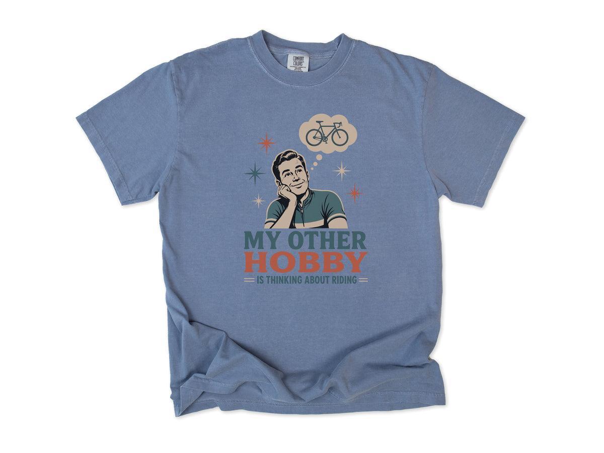 Funny cycling T-shirt in Blue Jean, 'My Other Hobby Is Thinking About Riding', a retro man, gift for a man who cycles: dad, grandad, brother, son, uncle