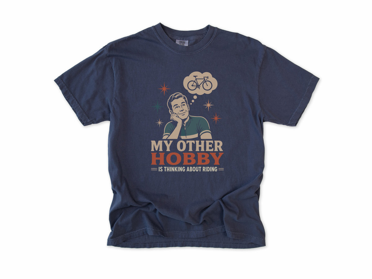 Funny cycling T-shirt in Navy, 'My Other Hobby Is Thinking About Riding', a retro man, gift for a man who cycles: dad, grandad, brother, son, uncle