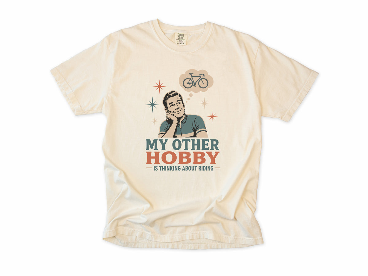 Funny cycling T-shirt in Ivory, 'My Other Hobby Is Thinking About Riding', a retro man, gift for a man who cycles: dad, grandad, brother, son, uncle