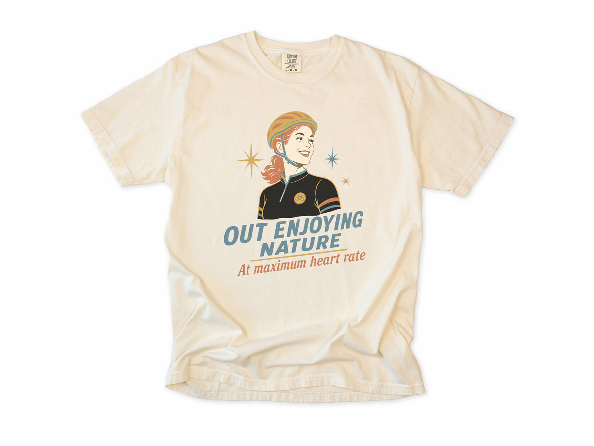 Cycling T-shirt in Ivory, 'Out Enjoying Nature at maximum heart rate', a retro woman cyclist, gift for a woman who cycles: mum, wife, sister, daughter, nan