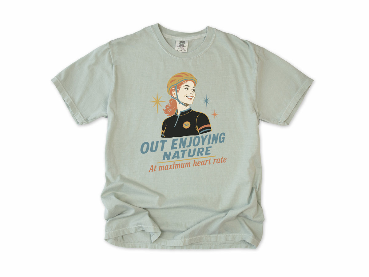 Cycling T-shirt in Bay, 'Out Enjoying Nature at maximum heart rate', a retro woman cyclist, gift for a woman who cycles: mum, wife, sister, daughter, nan