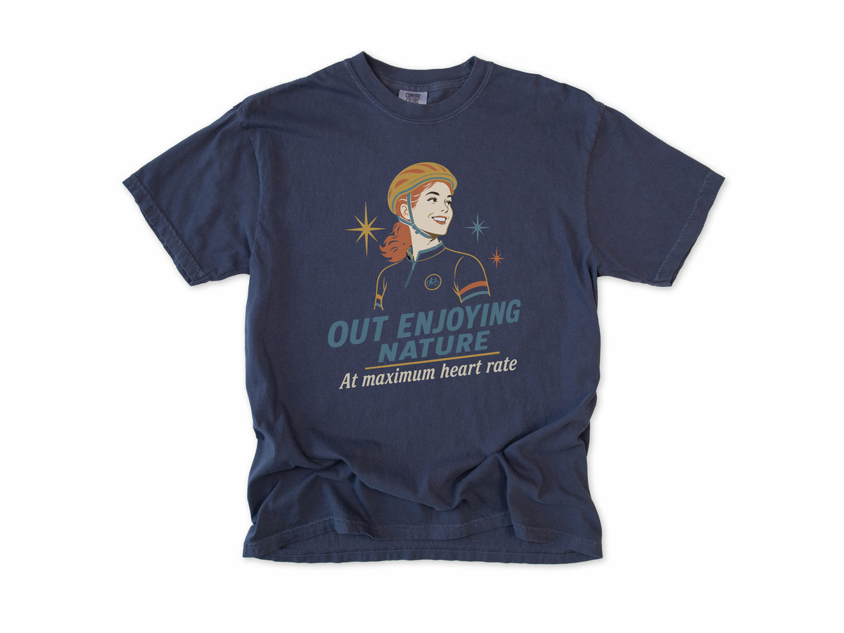 Cycling T-shirt in Navy, 'Out Enjoying Nature at maximum heart rate', a retro woman cyclist, gift for a woman who cycles: mum, wife, sister, daughter, nan