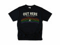 Cycling T-shirt in Black, 'Out Here Where I Belong' with rainbow mountain lines and a cyclist, for outdoor cyclists