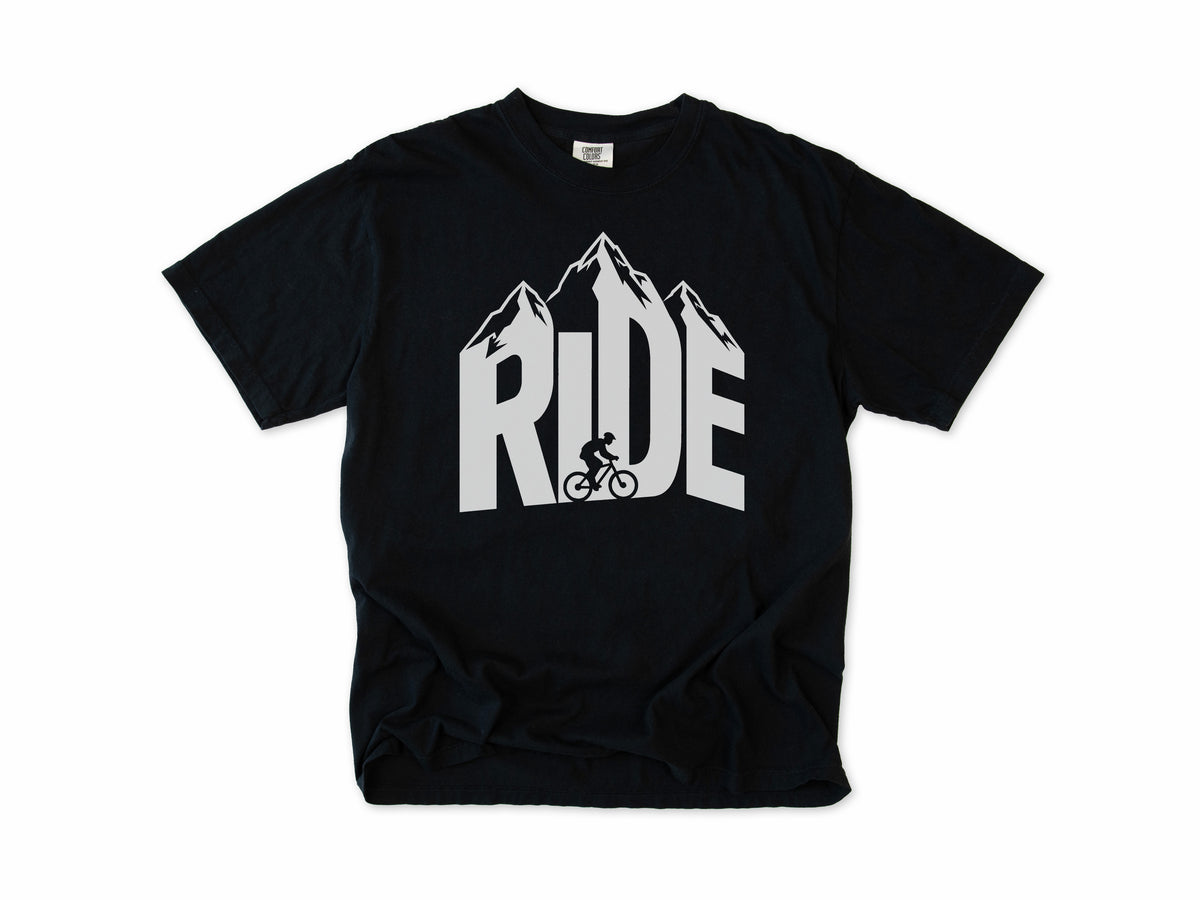 Cycling T-shirt in Black, 'RIDE' in mountain-shaped letters with a cyclist, for mountain bikers