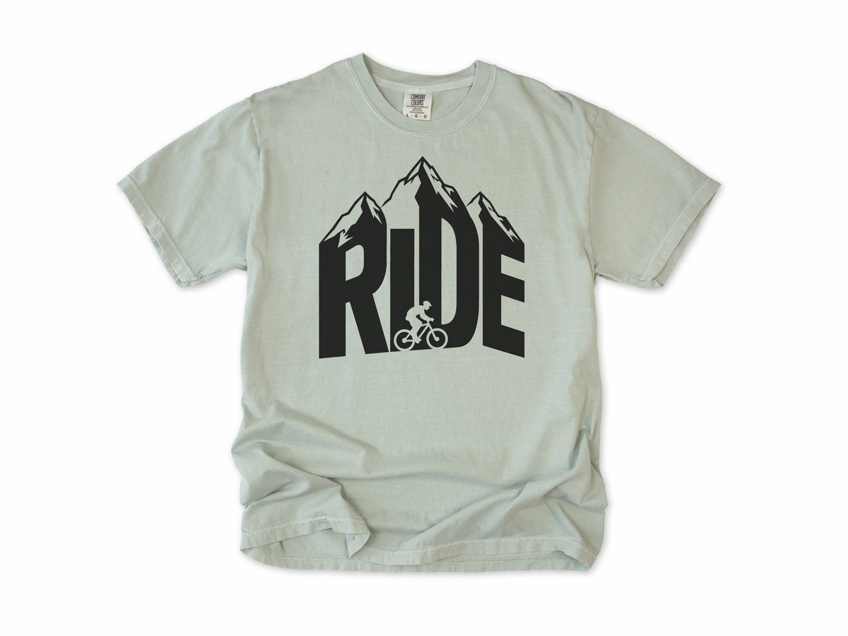 Cycling T-shirt in Bay, 'RIDE' in mountain-shaped letters with a cyclist, for mountain bikers