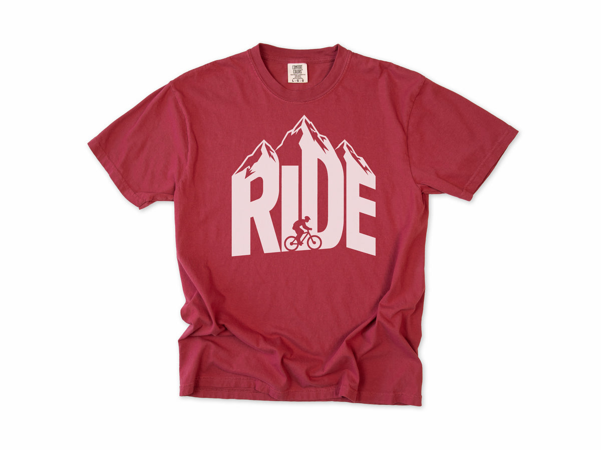 Cycling T-shirt in Chili, 'RIDE' in mountain-shaped letters with a cyclist, for mountain bikers