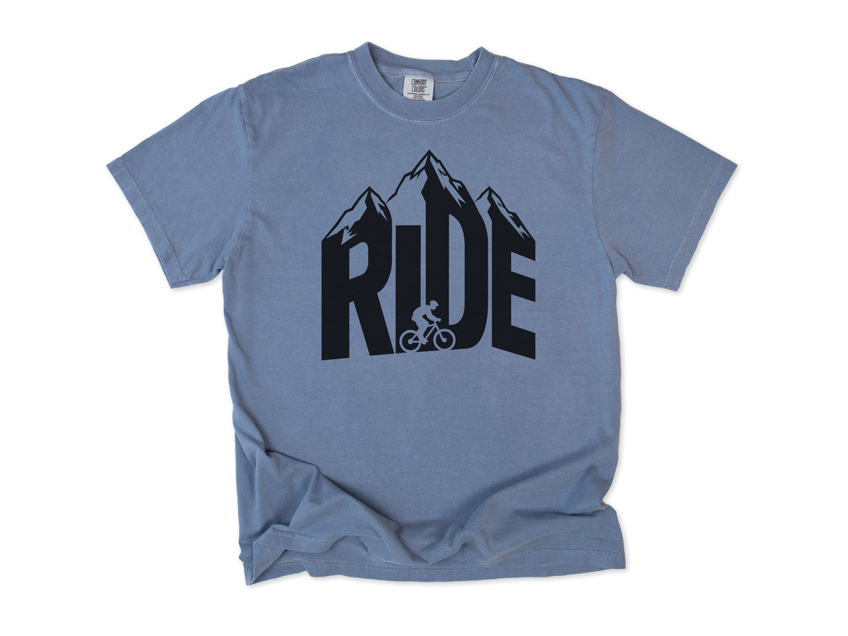 Cycling T-shirt in Blue Jean, 'RIDE' in mountain-shaped letters with a cyclist, for mountain bikers