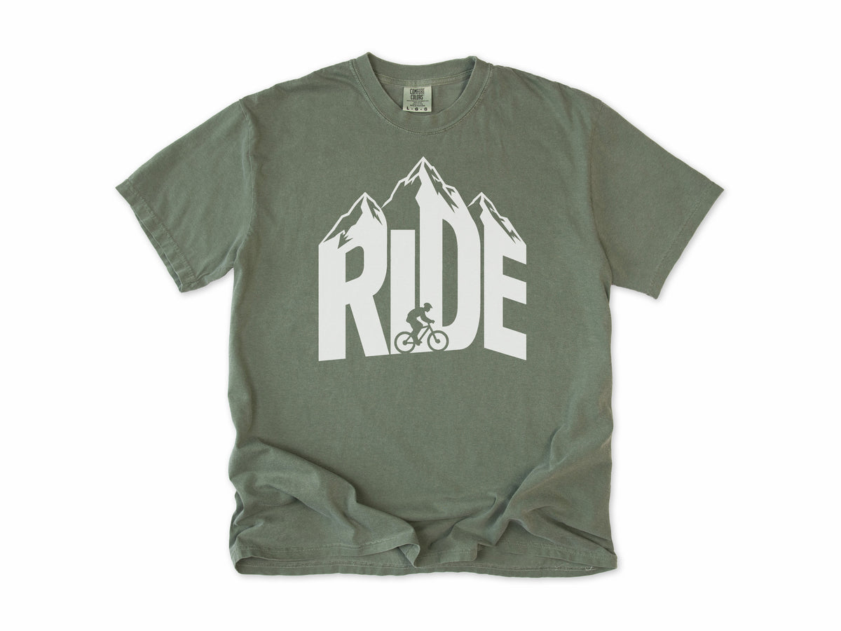 Cycling T-shirt in Moss, 'RIDE' in mountain-shaped letters with a cyclist, for mountain bikers
