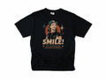 Funny cycling T-shirt in Black, a retro woman cyclist in a cap, 'Smile!', gift for a woman who cycles: mum, wife, sister, daughter, nan