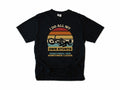 Funny cycling T-shirt in Black, 'I Do All My Own Stunts', a crashed rider on retro sunset stripes, for mountain bikers