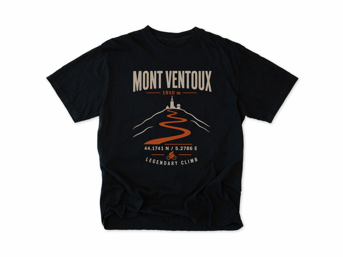 Cycling T-shirt in Black, Mont Ventoux: 'Legendary Climb' with a winding mountain road, for road cyclists, Tour de France fans