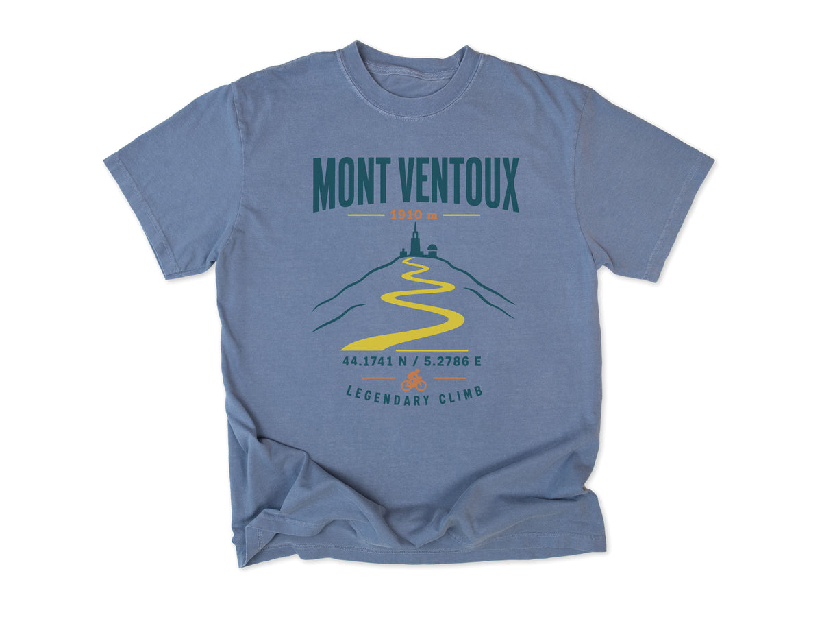 Cycling T-shirt in Blue Jean, Mont Ventoux: 'Legendary Climb' with a winding mountain road, for road cyclists, Tour de France fans