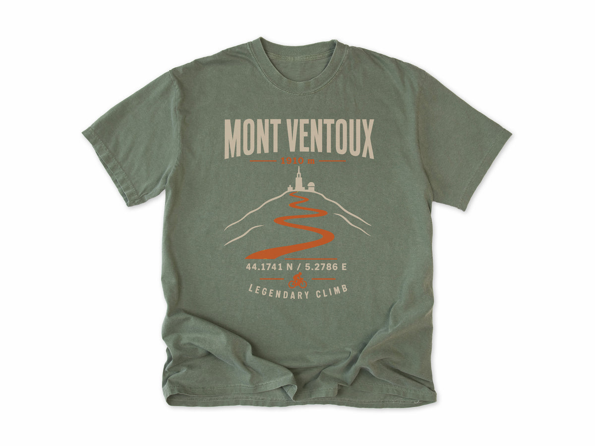 Cycling T-shirt in Moss, Mont Ventoux: 'Legendary Climb' with a winding mountain road, for road cyclists, Tour de France fans