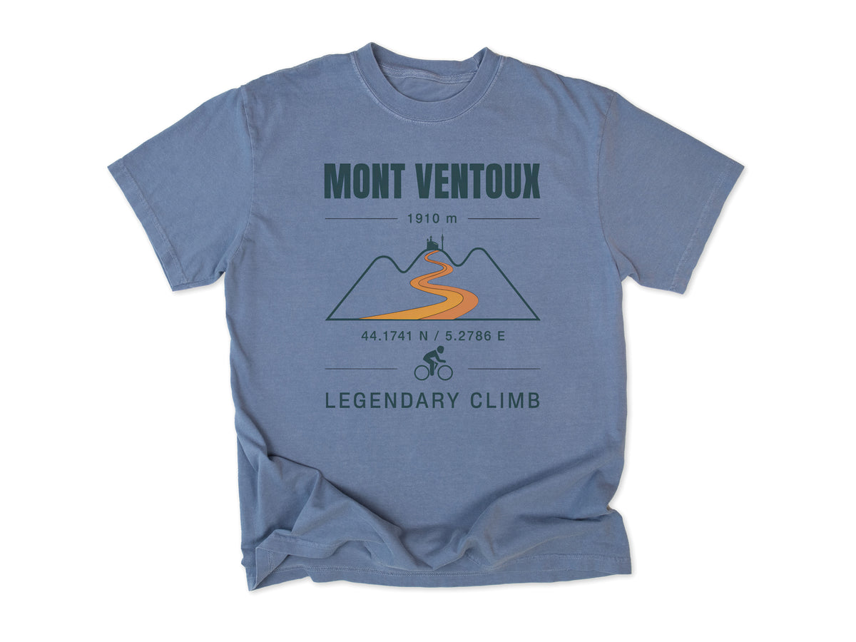 Cycling T-shirt in Blue Jean, Mont Ventoux Climb: 'Legendary Climb' with a winding mountain road, for road cyclists, Tour de France fans