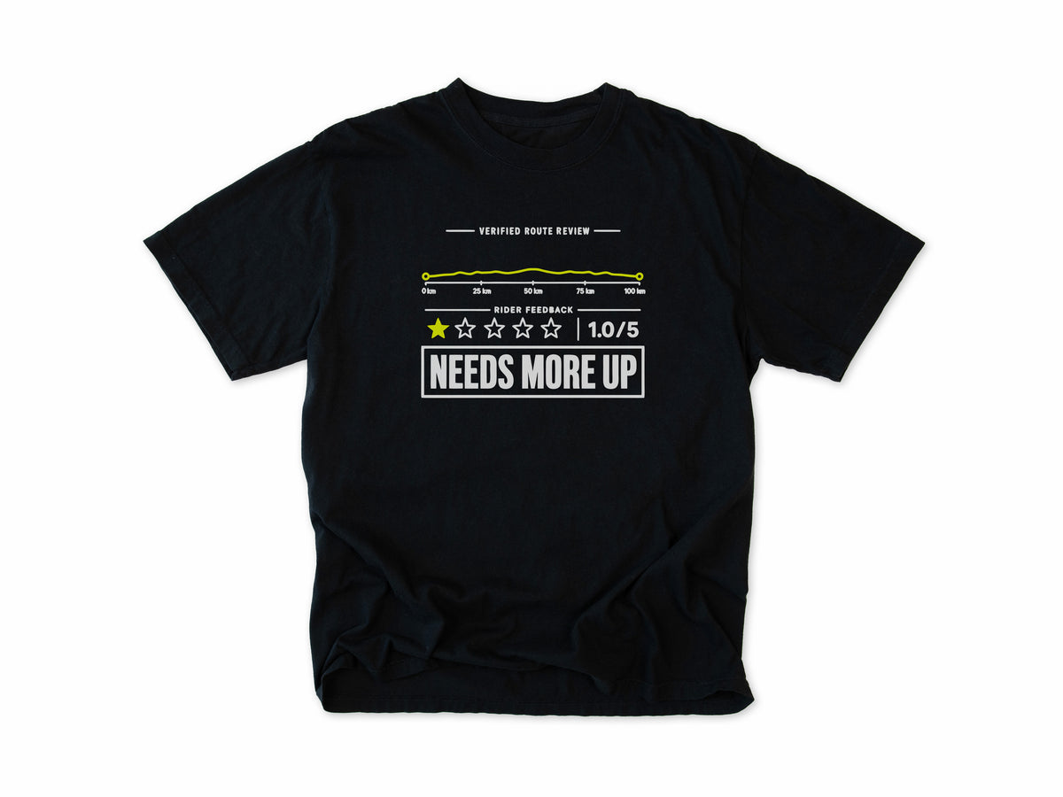Funny cycling T-shirt in Black, a one-star route review, 'Needs More Up', for cyclists who love hills
