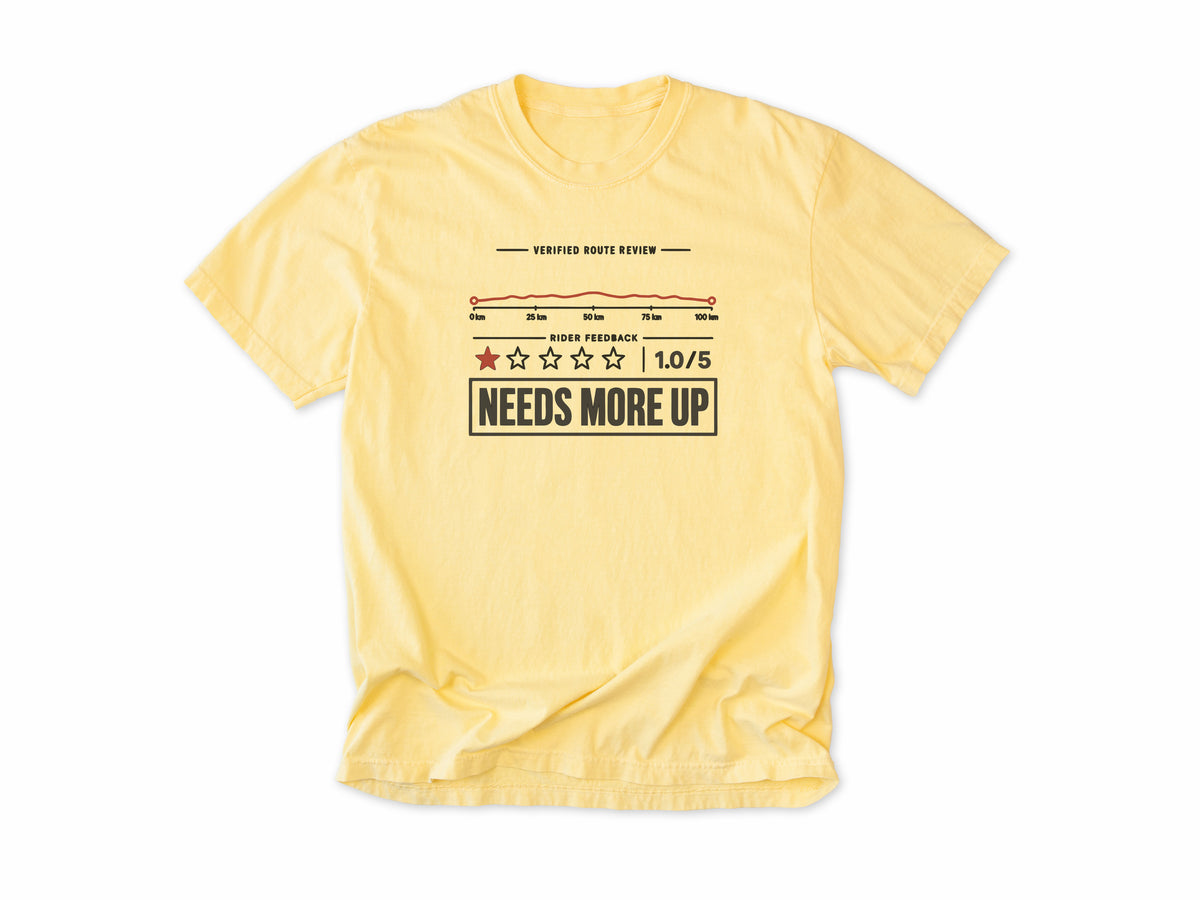 Funny cycling T-shirt in Butter, a one-star route review, 'Needs More Up', for cyclists who love hills