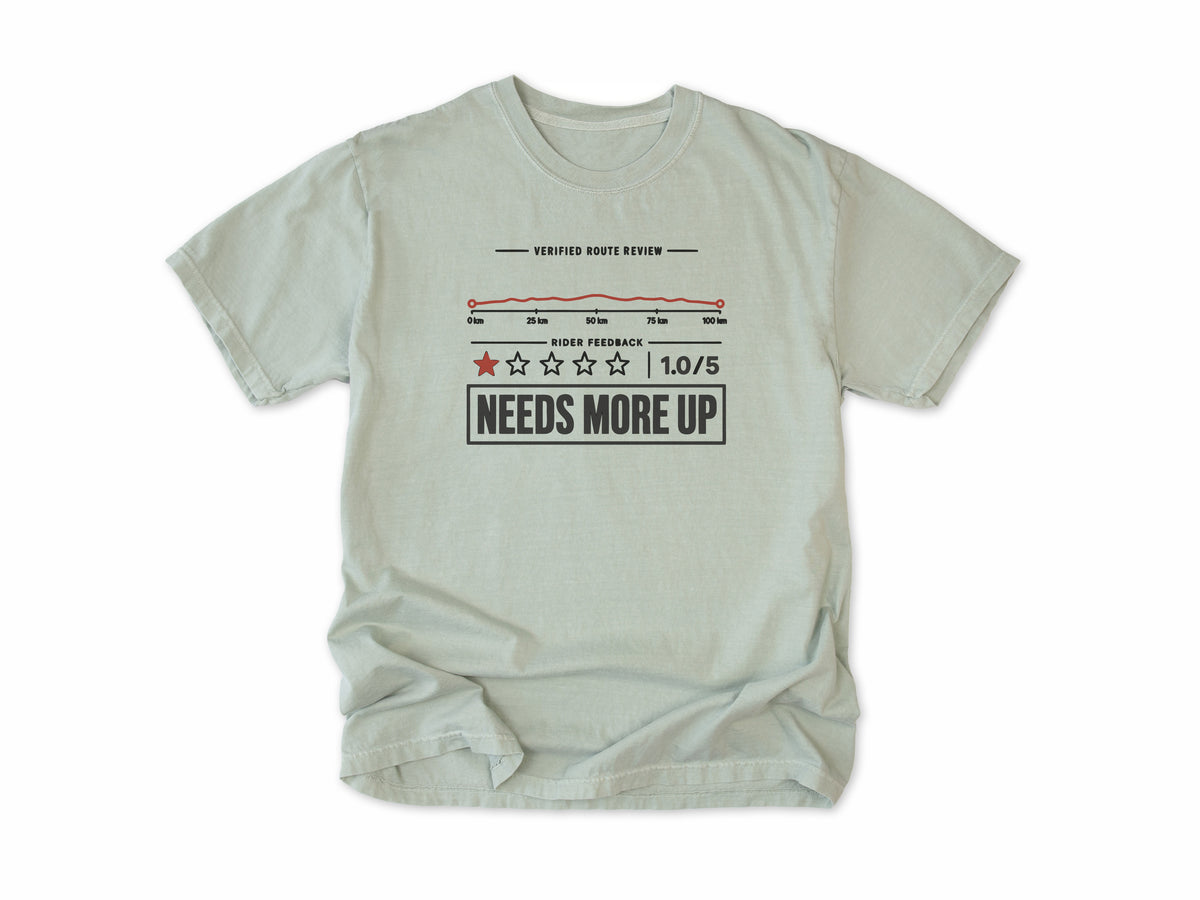 Funny cycling T-shirt in Bay, a one-star route review, 'Needs More Up', for cyclists who love hills