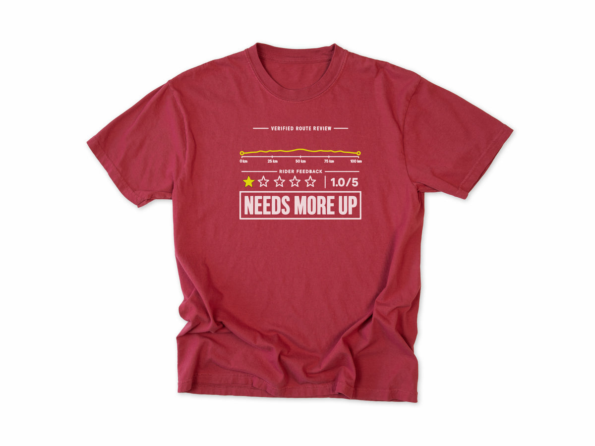Funny cycling T-shirt in Chili, a one-star route review, 'Needs More Up', for cyclists who love hills