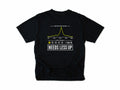 Funny cycling T-shirt in Black, a one-star route review, 'Needs Less Up', for riders who prefer flat rides