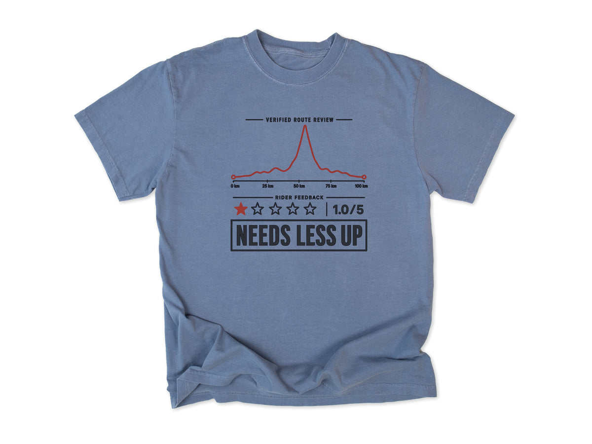 Funny cycling T-shirt in Blue Jean, a one-star route review, 'Needs Less Up', for riders who prefer flat rides